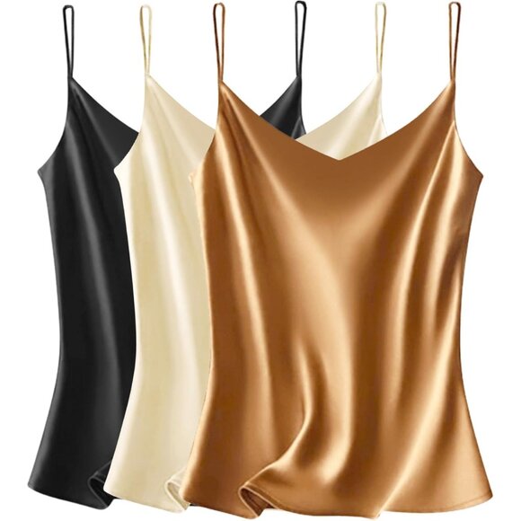 Vidussa Womens Black Brown V Neck Silk Satin Cami Sleeveless Casual Blouses Pack - Picture 1 of 6